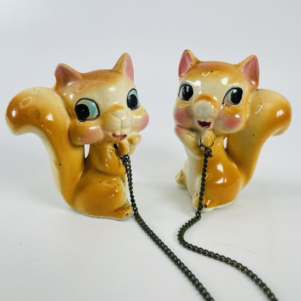 Ucagco Vtg Chipmunk Squirrel Chained Ceramic Figurines Kitsch 2.25 In Japan Used